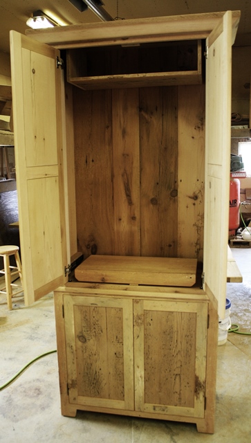 Details: 8' Tall Hutch - 40" wide - 20" deep - 3 ft Height Base - 4' Height Top - Lee Valley Hardware - Polyurethane clearcoat finish - Reclaimed Grainery Board Hemlock