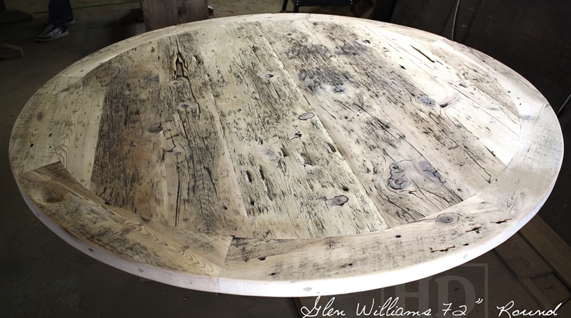 72" Round Pedestal Table - Premium epoxy/matte polyurethane finish - Hand-Hewn Beam Post - Greytone Treatment 