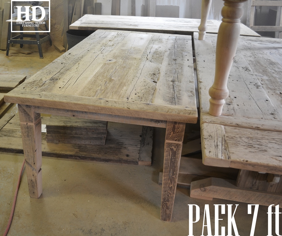 7 foot Harvest Table - 42" wide - Reclaimed Threshing Floor Hemlock - Tapered with a Notch 4"x4" Windbrace Beam Legs - 3" table skirting - Premium epoxy + matte polyurethane finish - (Matching) 6 ft Bench