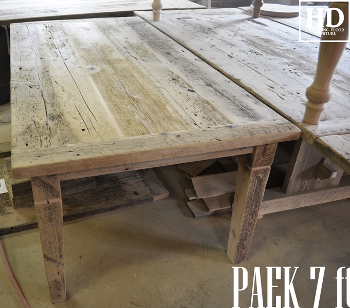 7 foot Harvest Table - 42" wide - Reclaimed Threshing Floor Hemlock - Tapered with a Notch 4"x4" Windbrace Beam Legs - 3" table skirting - Premium epoxy + matte polyurethane finish - (Matching) 6 ft Bench