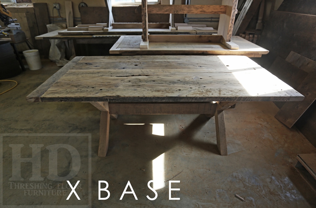 7 foot Sawbuck Table - Modern X Shaped Base - 42" wide - Reclaimed Hemlock Threshing Floor - Premium epoxy/matte polyurethane finish