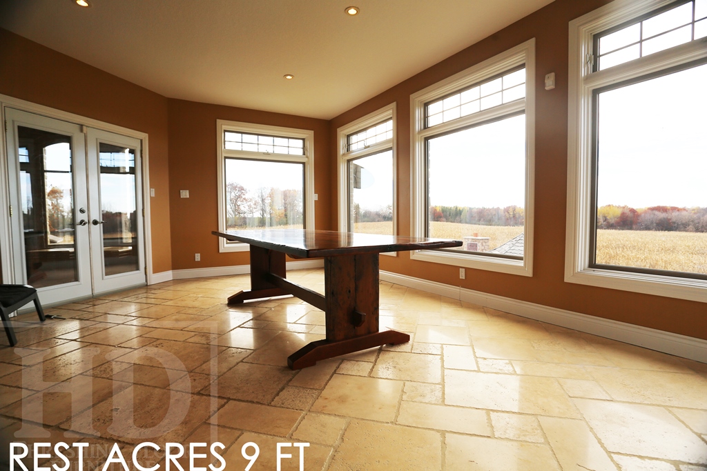 9' Trestle Table - 42" wide - Reclaimed Hemlock Threshing Floor Board Construction - Epoxy + Satin Polyurethane finish 