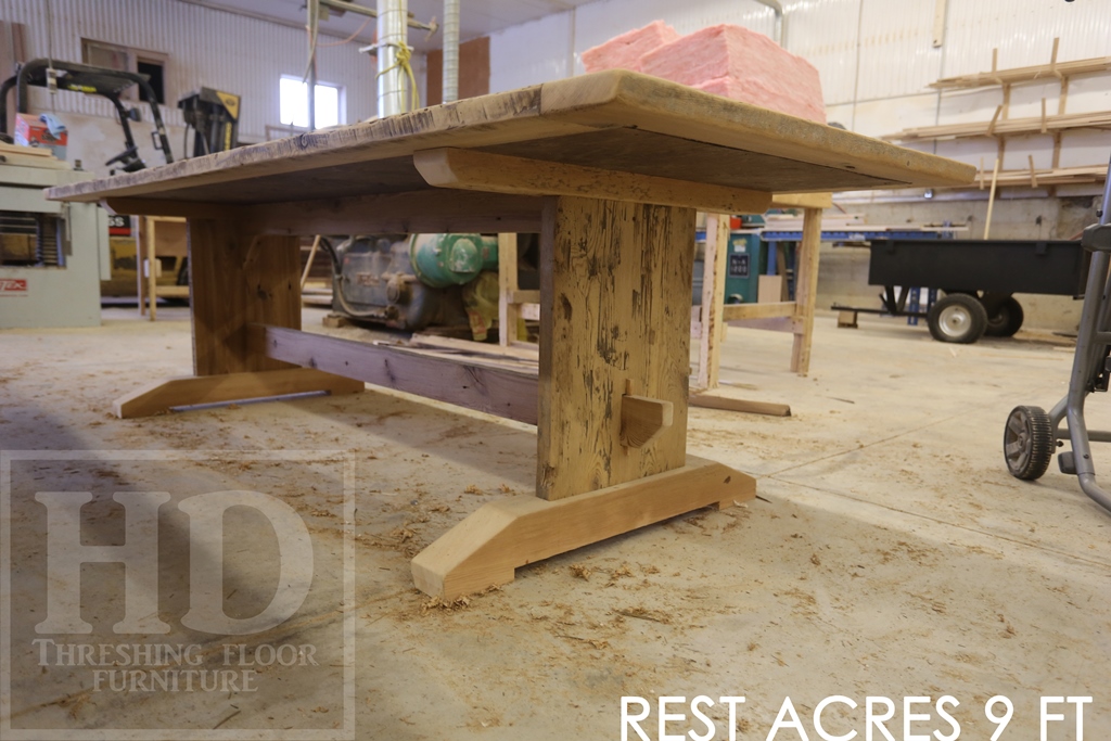 9' Trestle Table - 42" wide - Reclaimed Hemlock Threshing Floor Board Construction - Epoxy + Satin Polyurethane finish 