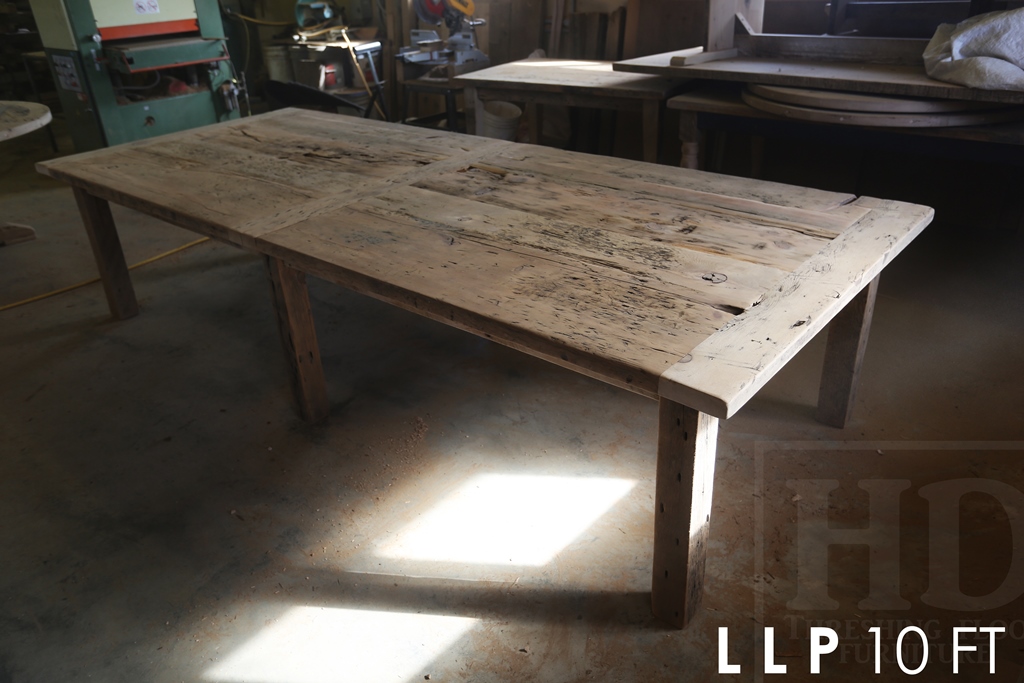 10 ft Boardroom Harvest Table - 4.5' wide - 30" height - Reclaimed Barnwood Pine Threshing Floor - Straight 4"x4" Reclaimed Barn Windbrace Beam Legs - Accommodation for electronics