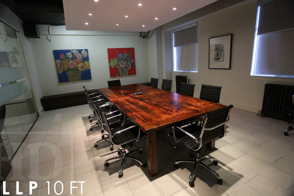 10 ft Boardroom Harvest Table - 4.5' wide - 30" height - Reclaimed Barnwood Pine Threshing Floor - Straight 4"x4" Reclaimed Barn Windbrace Beam Legs - Accommodation for electronics