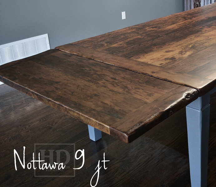 10 foot Harvest Table - 48" wide - Tapered with a Notch Legs - Reclaimed Hemlock Threshing Floor - Benjamin Moore Gravel Gray Painted Legs and Skirting - Premium epoxy/matte polyurethane finish