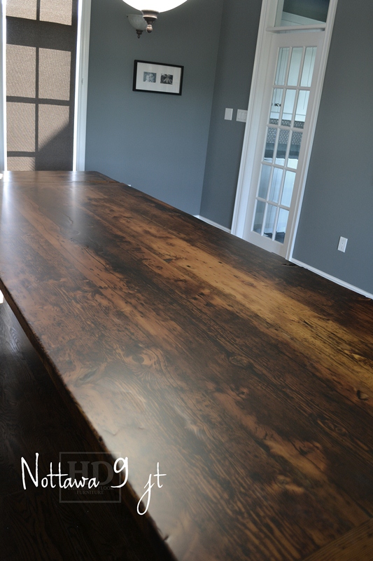 10 foot Harvest Table - 48" wide - Tapered with a Notch Legs - Reclaimed Hemlock Threshing Floor - Benjamin Moore Gravel Gray Painted Legs and Skirting - Premium epoxy/matte polyurethane finish