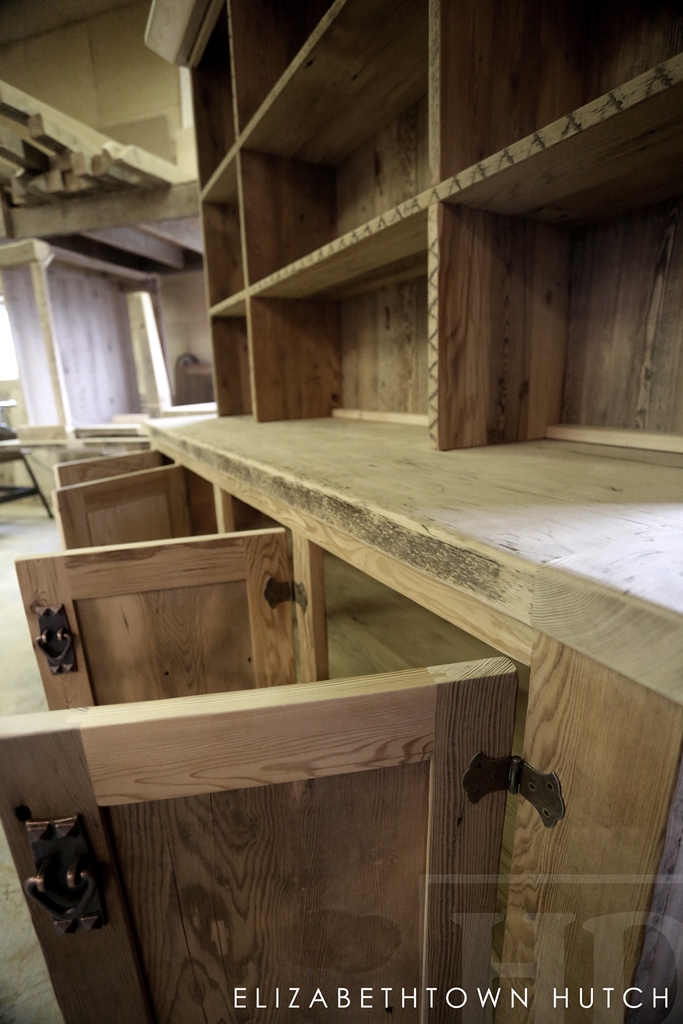 Hutch Details: Custom Reclaimed Wood Hutch Elizabethtown Ontario- Premium epoxy/polyurethane finish - Reclaimed Hemlock Threshing Floor and Grainery Board Construction 