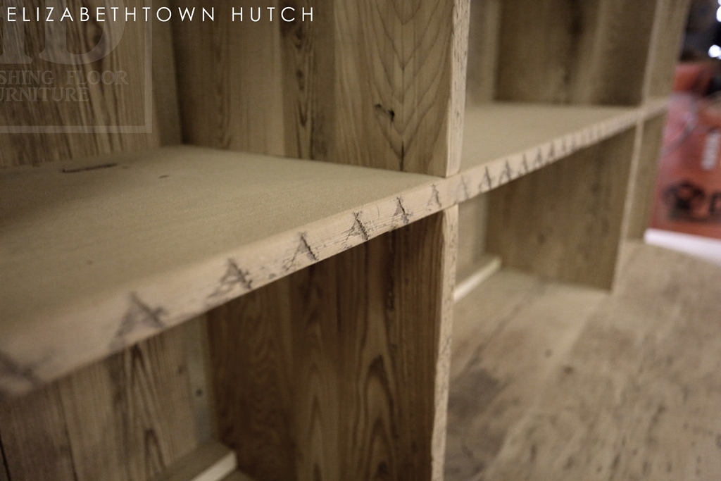 Hutch Details: Custom Reclaimed Wood Hutch Elizabethtown Ontario- Premium epoxy/polyurethane finish - Reclaimed Hemlock Threshing Floor and Grainery Board Construction 