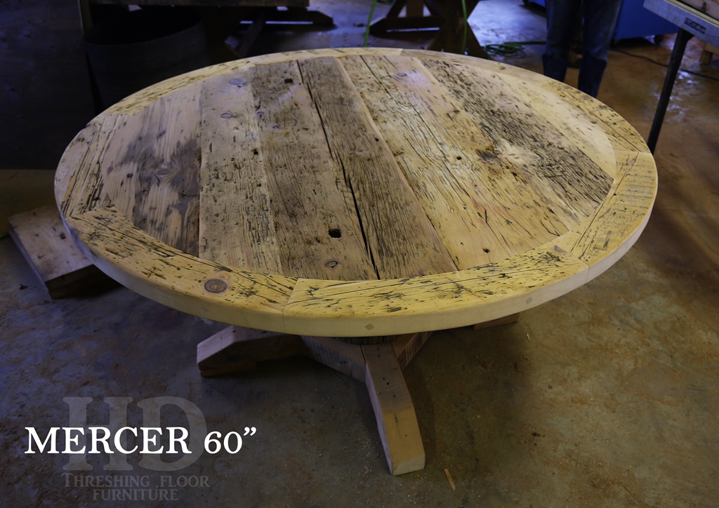 Details: 60" Toronto Round Mercer Pedestal Table - Reclaimed Cedar Hydro Pole Base - Reclaimed Threshing Floor Pine - Premium epoxy/matte polyurethane finish