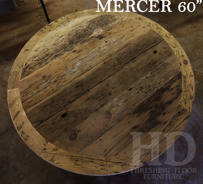 Details: 60" Toronto Round Mercer Pedestal Table - Reclaimed Cedar Hydro Pole Base - Reclaimed Threshing Floor Pine - Premium epoxy/matte polyurethane finish