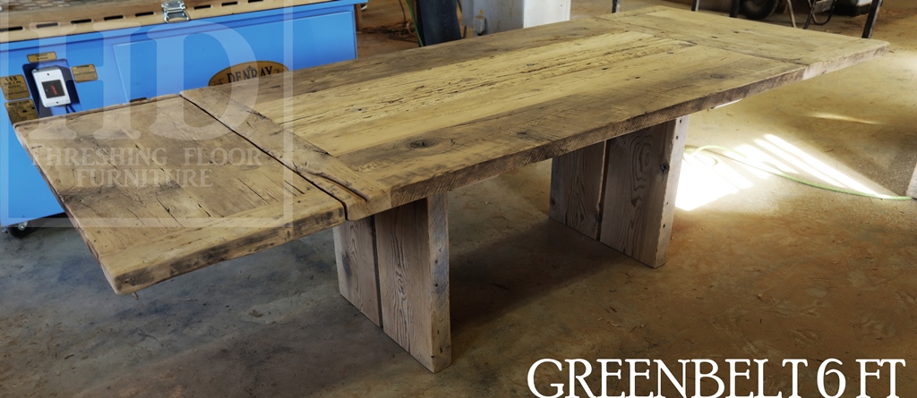 6 ft Reclaimed Wood Table - Modern Plank Style Base - Centre gap on posts - Reclaimed Hemlock Threshing Floor Top - 3" reclaimed joist material posts - Two 18 inch leaf extensions making total length 9 ft when extended