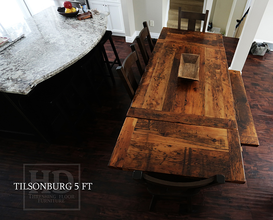5 foot Burlington Harvest Table - 38" wide - Reclaimed Threshing Hemlock - Tapered Legs - Epoxy/matte polyurethane finish - two leaf extensions - 4 Rustic Plank style chairs (wormy maple) - Matching 4.5 ft Bench
