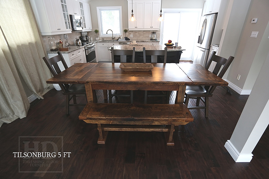 5 foot Burlington Harvest Table - 38" wide - Reclaimed Threshing Hemlock - Tapered Legs - Epoxy/matte polyurethane finish - two leaf extensions - 4 Rustic Plank style chairs (wormy maple) - Matching 4.5 ft Bench Gerald Reinink