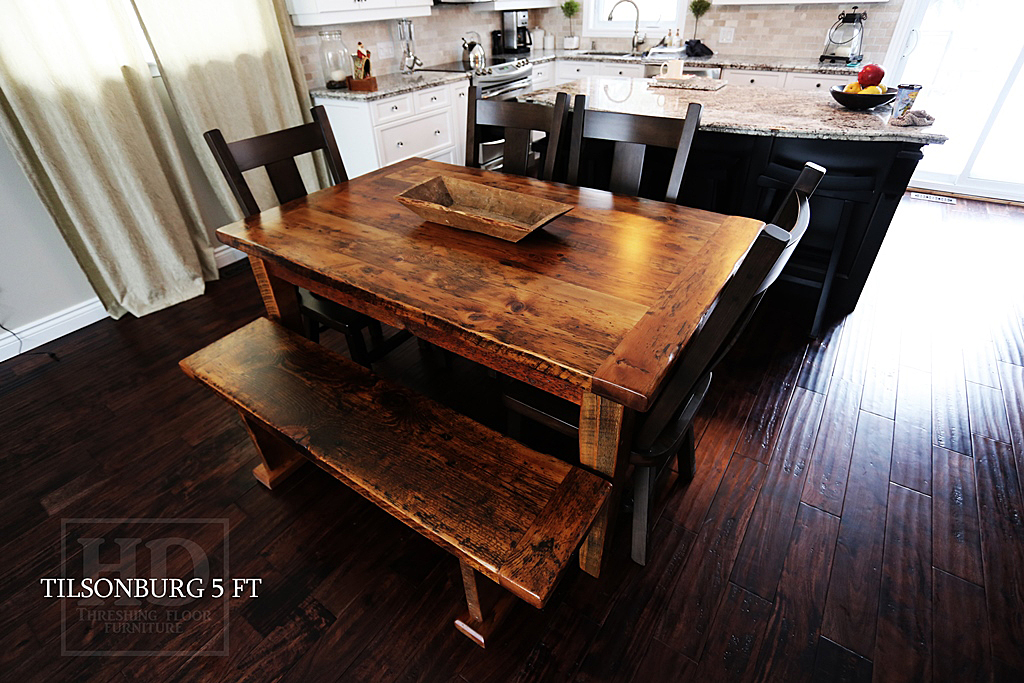 5 foot Burlington Harvest Table - 38" wide - Reclaimed Threshing Hemlock - Tapered Legs - Epoxy/matte polyurethane finish - two leaf extensions - 4 Rustic Plank style chairs (wormy maple) - Matching 4.5 ft Bench Gerald Reinink