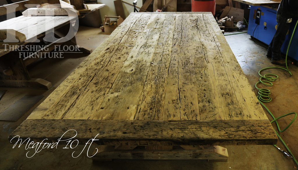 Specs: 10 ft Meaford Reclaimed Wood Sawbuck Table - 56" wide - 6" bread-edge boards - Reclaimed Threshing Floor Hemlock - Premium epoxy and matte polyurethane finish 