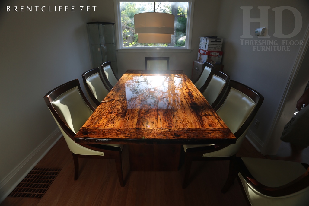 7 ft Modern 3" plank style base Table - Reclaimed Threshing Floor Hemlock - Premium epoxy/high gloss polyurethane finish