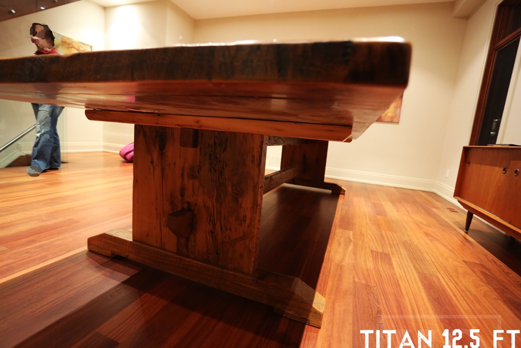 12.5 ft Trestle Style Table - 52" wide - Premium epoxy/matte polyurethane finish - Reclaimed Threshing Floor Hemlock Construction - 2" top - 30" height - Gerald Reinink