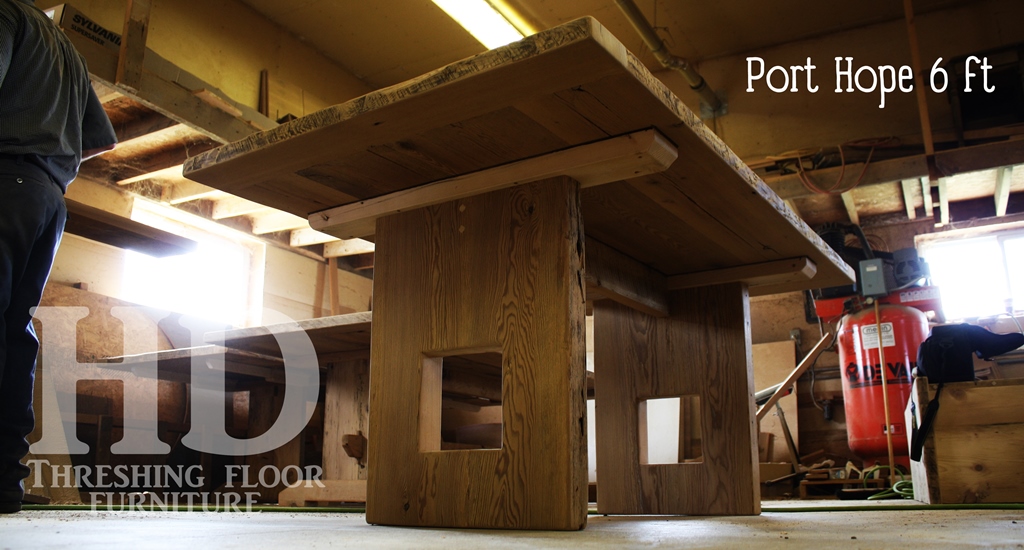 Details of table: 6 ft Plank style base - 3" reclaimed joist material posts- 8"x8" end cavity - reclaimed threshing floor hemlock - premium epoxy/matte polyurethane finish