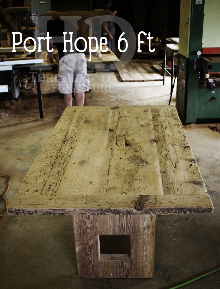 Details of table: 6 ft Plank style base - 3" reclaimed joist material posts- 8"x8" end cavity - reclaimed threshing floor hemlock - premium epoxy/matte polyurethane finish
