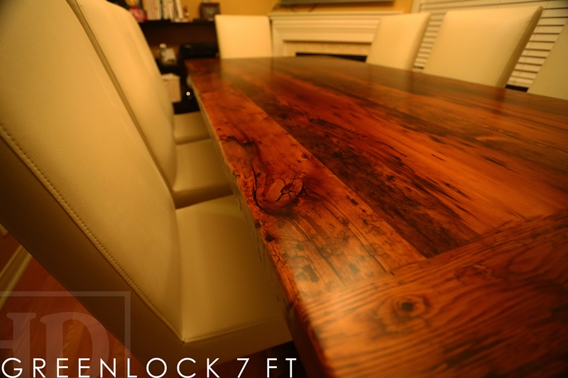7 ft Trestle Table - 42" wide - Premium epoxy & matte polyurethane finish - Reclaimed Threshing Floor 2" Hemlock Top - Modern plank style base - Apache Cream Leather Parsons Chairs Gerald Reinink