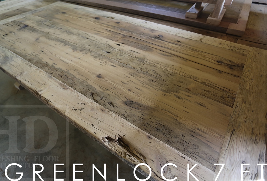 7 ft Trestle Table - 42" wide - Premium epoxy & matte polyurethane finish - Reclaimed Threshing Floor 2" Hemlock Top - Modern plank style base - Apache Cream Leather Parsons Chairs Gerald Reinink
