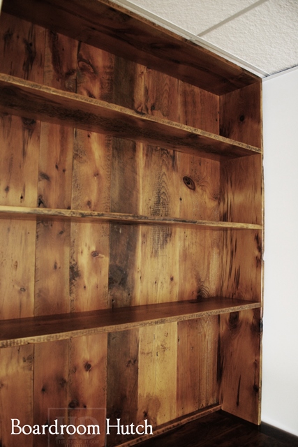 Details: Custom Reclaimed Wood Hutch - 1" shelving - no crown molding - 2 doors with internal shelving - Lee Valley hardware - Reclaimed Threshing Floor 2" Hemlock Barnwood Top - 1" Grainery board cabinetry - Premium epoxy/matte polyurethane finish 