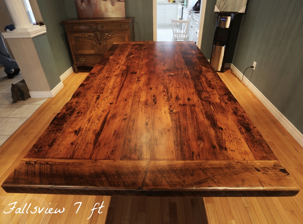 Specifications: 7 ft Modern Plank 3" Posts Dining Room Table - 42" wide - Barnwood Hemlock - Premium epoxy and matte polyurethane finish Gerald Reinink