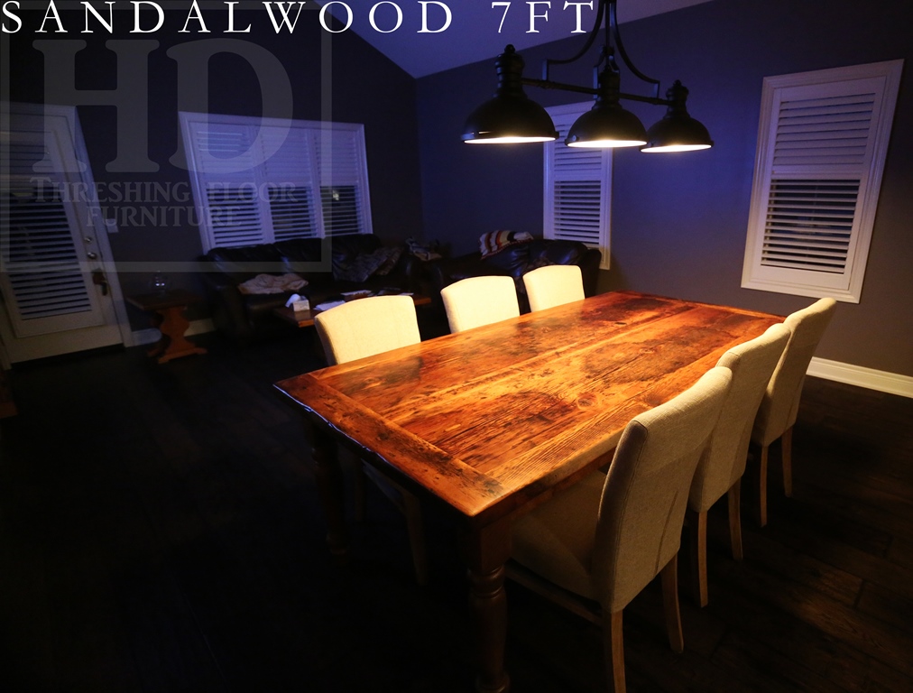 Specifications: 7 ft Harvest Table - 42" wide - Turned Legs - Premium epoxy/matte polyurethane finish - Reclaimed Solid Wood Hemlock Threshing Floor - 2" Top