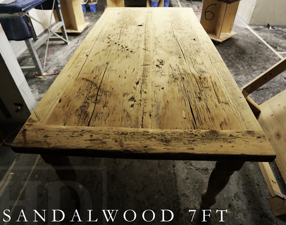 Specifications: 7 ft Harvest Table - 42" wide - Turned Legs - Premium epoxy/matte polyurethane finish - Reclaimed Solid Wood Hemlock Threshing Floor - 2" Top