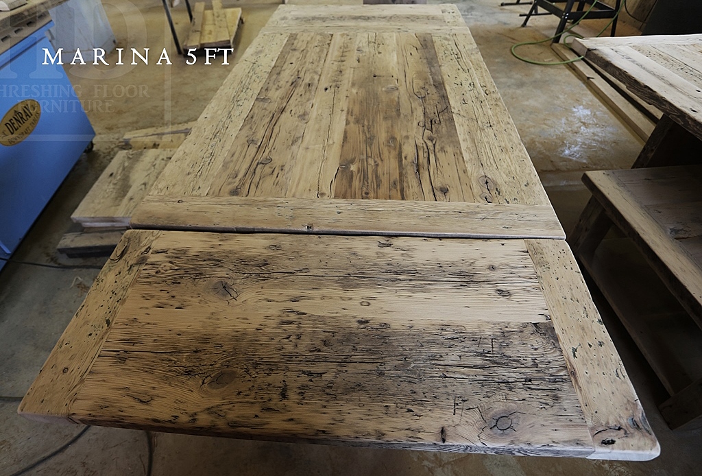 Specs: 5 ft Harvest Table - 42" wide - Reclaimed Hemlock Threshing Floor Top 2" - 4"x 4" Tapered with a Notch Legs - Premium epoxy + matte polyurethane finish - two 18" leaves - 6 Wormy Maple Plank Back Chairs Gerald Reinink