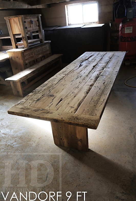9 ft Modern 3" plank posts Table - 36" wide - Reclaimed Hemlock - Premium epoxy/high gloss polyurethane finish - [Matching] 3 ft trestle style Bench Posted by Gerald Reinink, Design & Sales (email at talk@hdthreshing.com) Copyright 2016 HD Threshing Floor Furniture / www.hdthreshing.com