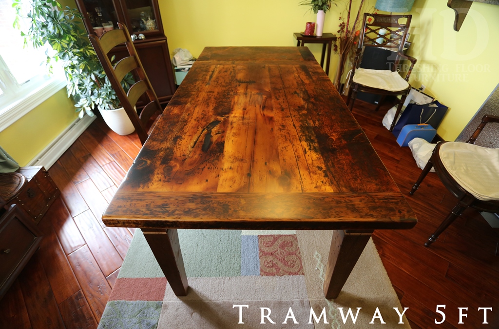 Table details: 5 ft Harvest Table - 38" wide - Premium epoxy/matte polyurethane finish - Reclaimed Barnwood Hemlock - Tapered with a Notch Legs - One - 18" leaf