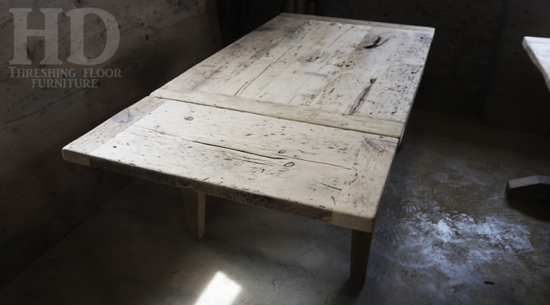 Table details: 5 ft Harvest Table - 38" wide - Premium epoxy/matte polyurethane finish - Reclaimed Barnwood Hemlock - Tapered with a Notch Legs - One - 18" leaf