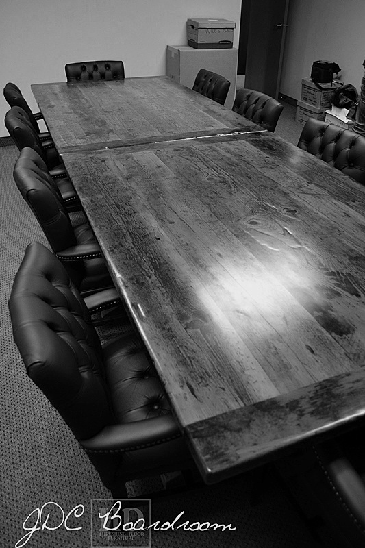 Details: 12 ft Boardroom Table - Two 6 ft independant parts - Reclaimed Threshing Floor Hemlock - Premium epoxy/matte polyurethane finish - Trestle style Base