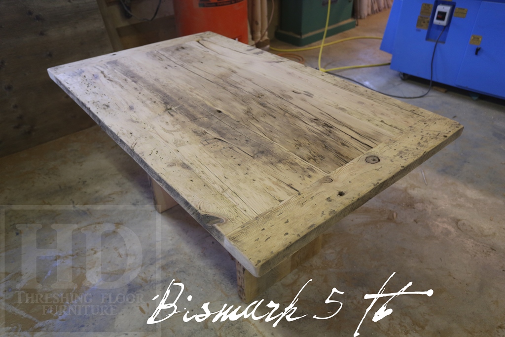 Details: 5 ft Reclaimed Wood Table - 36" wide - Reclaimed Hemlock - 3" plank posts style base - Premium epoxy/matte polyurethane finish Gerald Reinink