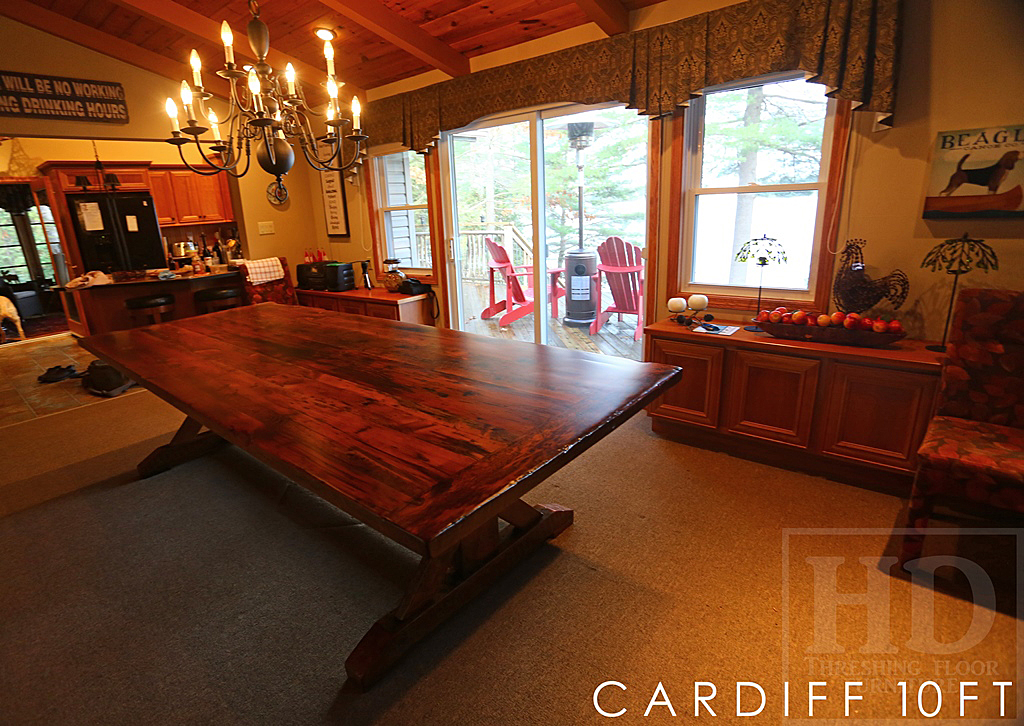 Details of table: 10 foot Sawbuck Table - 48" wide - Premium epoxy/matte polyurethane finish - Reclaimed Hemlcok 2" Threshing Floor Construction
