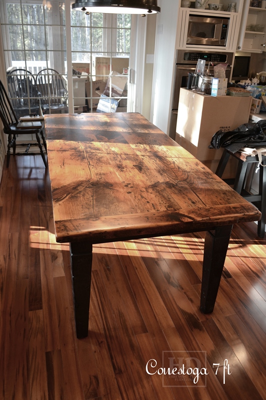Details: 7 ft Harvest Table - 38" wide - Reclaimed Pine Threshing Floor - Black skirting & Legs - Tapered with a Notch Legs - Premium epoxy/matte polyurethane finish