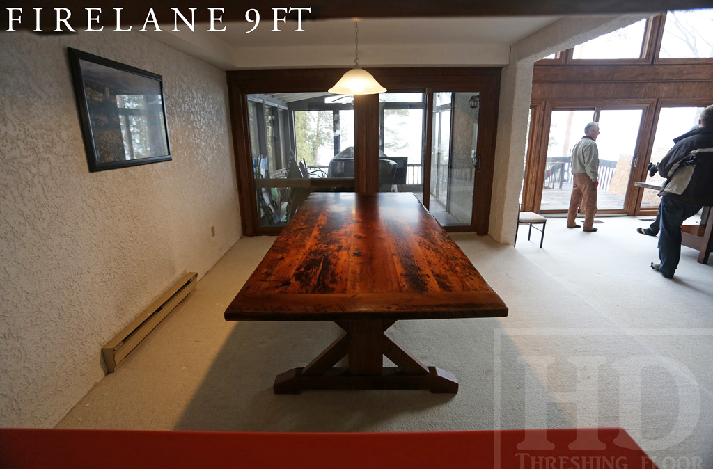 Specs: 9 ft Sawbuck Table - 46" wide - Premium epoxy/matte polyurethane finish - Reclaimed Threshing Floor Hemlock - 6.5" bread-edge boards Gerald Reinink