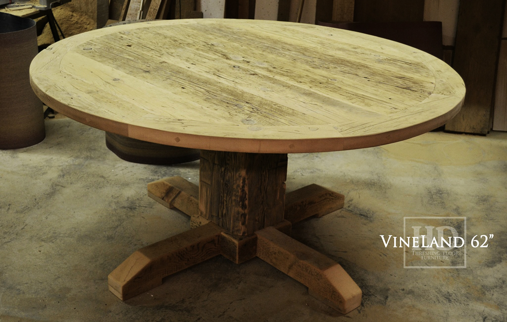 62" Round Pedestal Table - Hand-Hewn Beam Base - 2" Reclaimed Hemlock Threshing Floor Top - Circular bread-edging - Premium epoxy/matte polyurethane finish Gerald Reinink