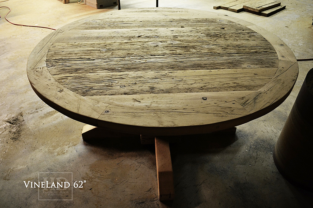 62" Round Pedestal Table - Hand-Hewn Beam Base - 2" Reclaimed Hemlock Threshing Floor Top - Circular bread-edging - Premium epoxy/matte polyurethane finish Gerald Reinink