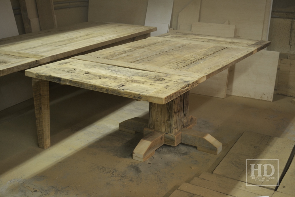 Details of Table - 48" Pedestal Table - 42" wide - Hand-Hewn Beam Pedestal Base - Reclaimed Threshing Floor Pine - Premium epoxy/matte polyurethane finish - Two 18" leaves Gerald Reinink