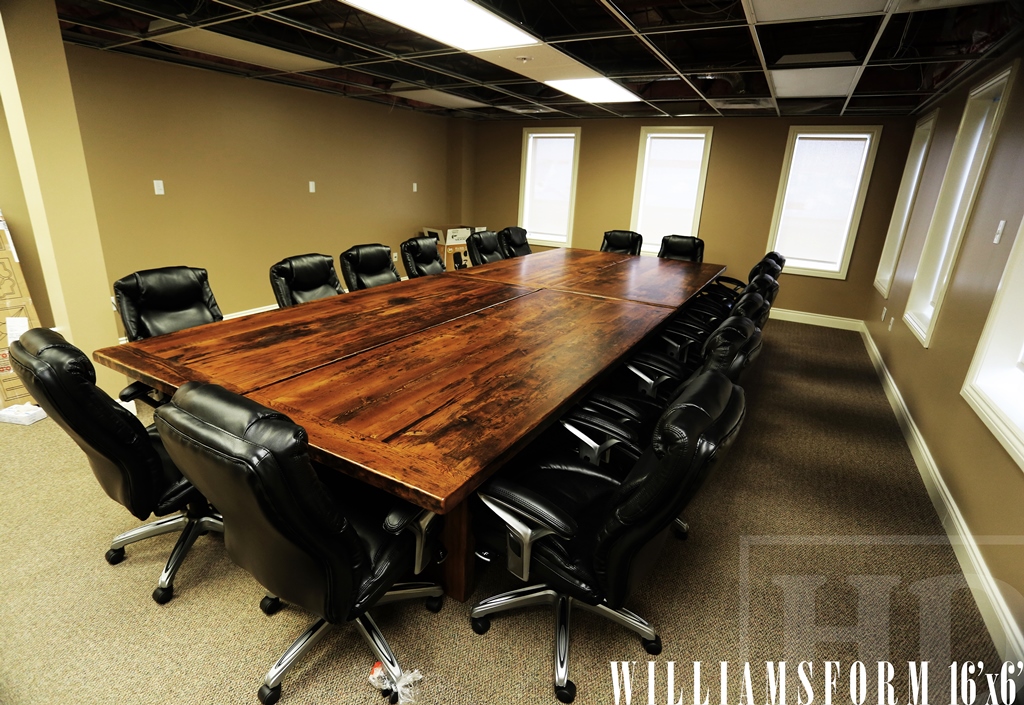 Specifications: 16 ft Boardroom Table - 3" Plank Post Style Base - Made up of 8' x 36" Sections that can be re-configured - Reclaimed Hemlock Threshing Floor 2" top - Premium epoxy/matte polyurethane finish Gerald Reinink
