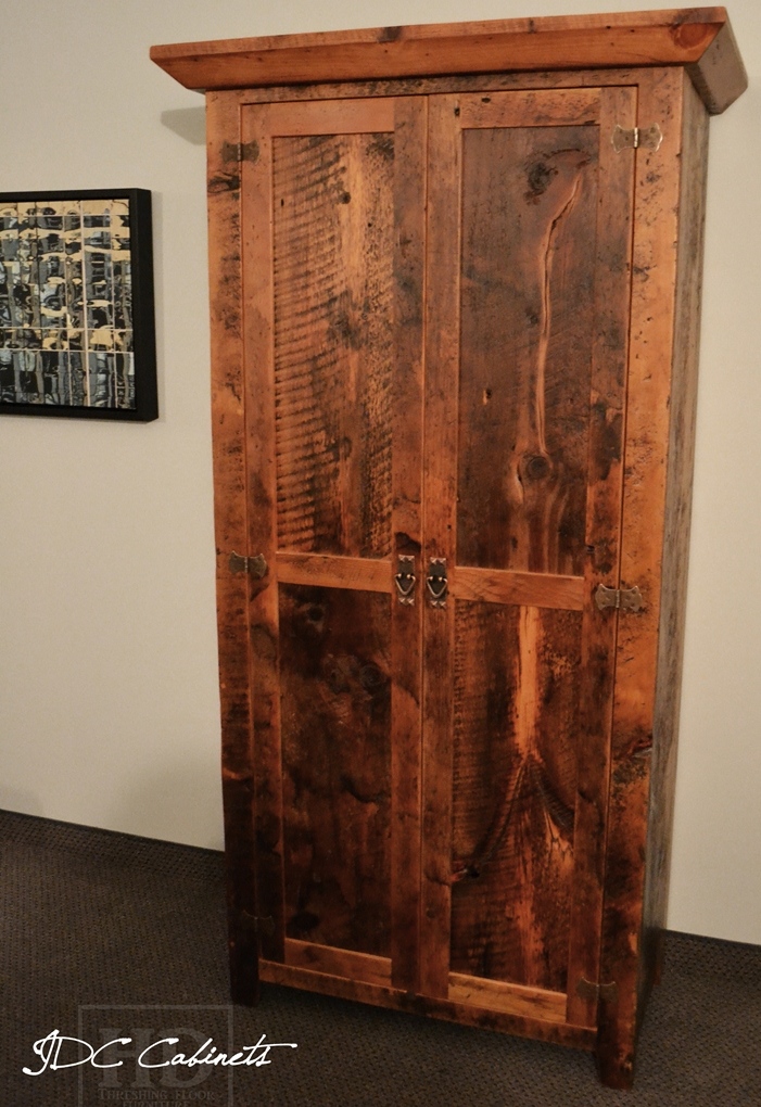 Details: Reclaimed Wood Storage Hutch Cabinet - 80" height - 36" width - Lee Valley hardware - internal shelving - Polyurethane clearcoat finish - 1" Reclaimed Wood Construction - crown molding