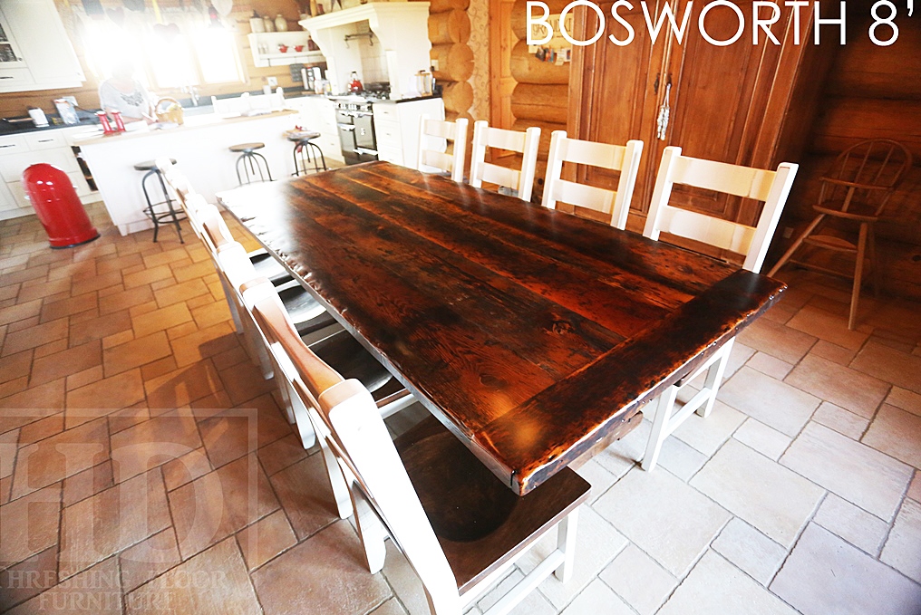 Details: 8 ft Reclaimed Wood Table - trestle style base - 42" wide - Premium epoxy + matte polyurethane finish - Reclaimed 2" Hemlock Threshing Floor Board Construction Gerald Reinink