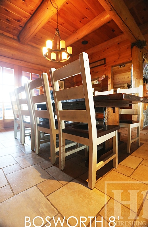 Details: 8 ft Reclaimed Wood Table - trestle style base - 42" wide - Premium epoxy + matte polyurethane finish - Reclaimed 2" Hemlock Threshing Floor Board Construction Gerald Reinink