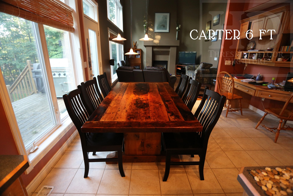 Specifications: 74" Reclaimed Wood Table - Trestle style base - 42" wide - Reclaimed Hemlock Threshing Floor - Premium epoxy/polyurethane finish Gerald Reinink