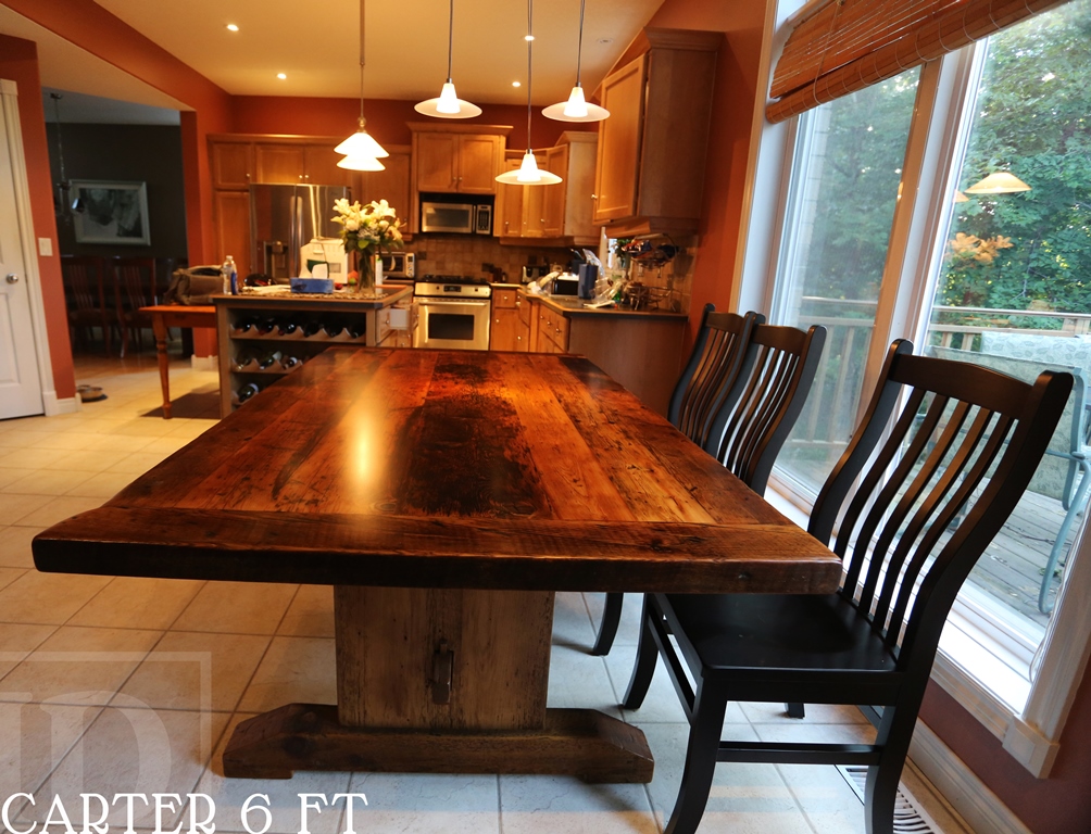 Specifications: 74" Reclaimed Wood Table - Trestle style base - 42" wide - Reclaimed Hemlock Threshing Floor - Premium epoxy/polyurethane finish Gerald Reinink