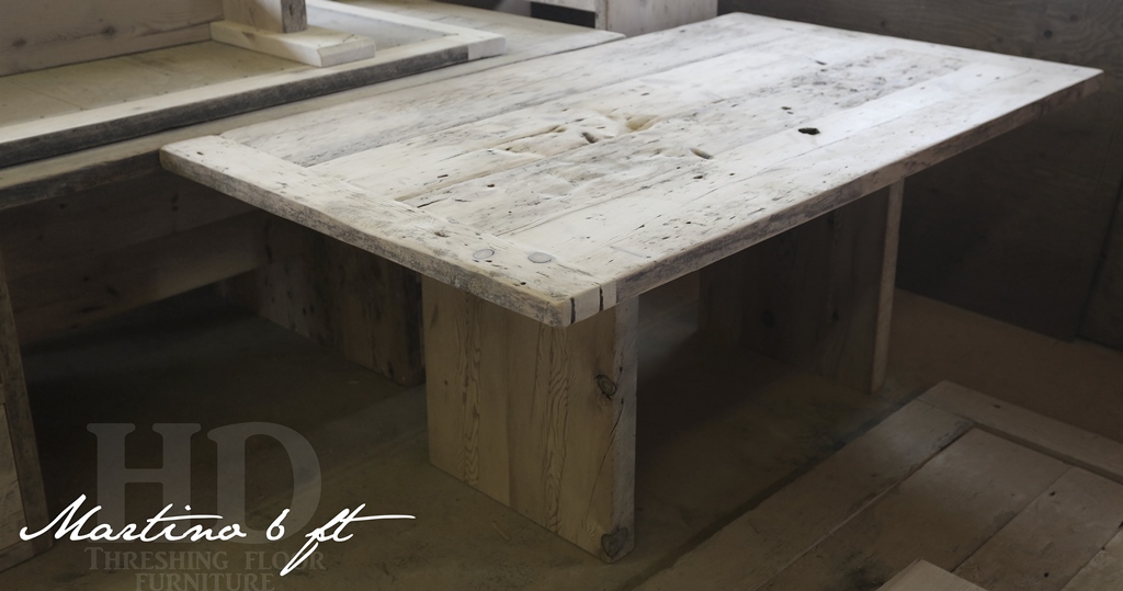 6 ft Reclaimed Wood Table - 42" wide - 3" modern plank posts base - Reclaimed Threshing Floor Hemlock 2" top - Premium epoxy/matte polyurethane finish Gerald Reinink