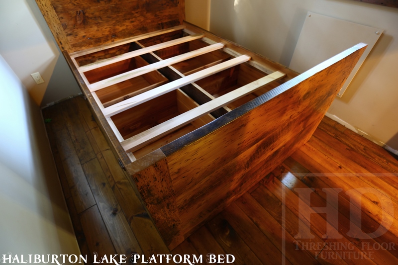 reclaimed wood beds Ontario, barnwood bed, platform bed, Haliburton Lake, Ontario, Canada, threshing floor